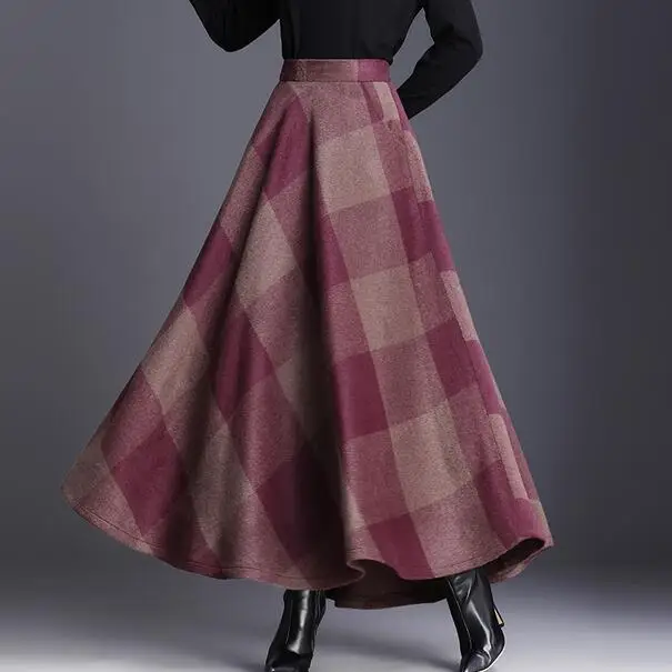 Клетчатая юбка Женская длинная трапециевидная британский стиль шерстяная Макси