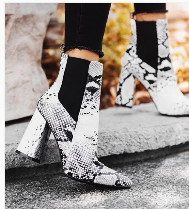 

Ladies Square Heels Snakeskin Boots Ladies Black High Heel Ankle Boots Winter Pointed Party Shoes Womens Boots ZH100037