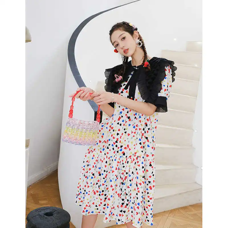 

LANMREM Women Love Flying Printing Short Sleeve Dress Temperament Loose Fit Fashion Tide Summer 2021 New Arrival 2K2181