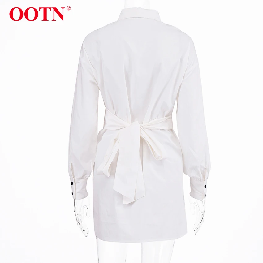 OOTN, отложной воротник, синяя туника, платье-рубашка, женское платье с длинным рукавом и поясом, офисное женское мини-платье, Осень-зима, повседневное белое платье