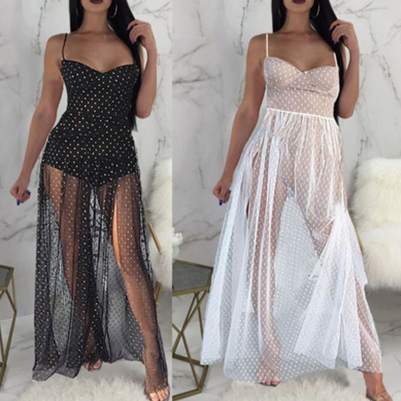 

New Sexy Women Summer Sleeveless Dress 2021 Transparent Bodycon Lace Maxi Dress Evening Party Dot Print Beachwear Vestidos