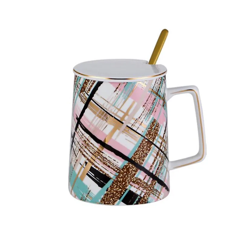 

Creative Watercolor Style Ceramic Coffee Cup Geometric Patterns Mug With Lid Spoon Breakfast Mug Home Drinkware Milk Cup