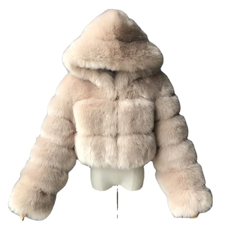 

Женское зимнее теплое пальто с капюшоном, облегающее модное женское пальто из искусственной кожи, элегантная плюшевая укороченная куртка, ...