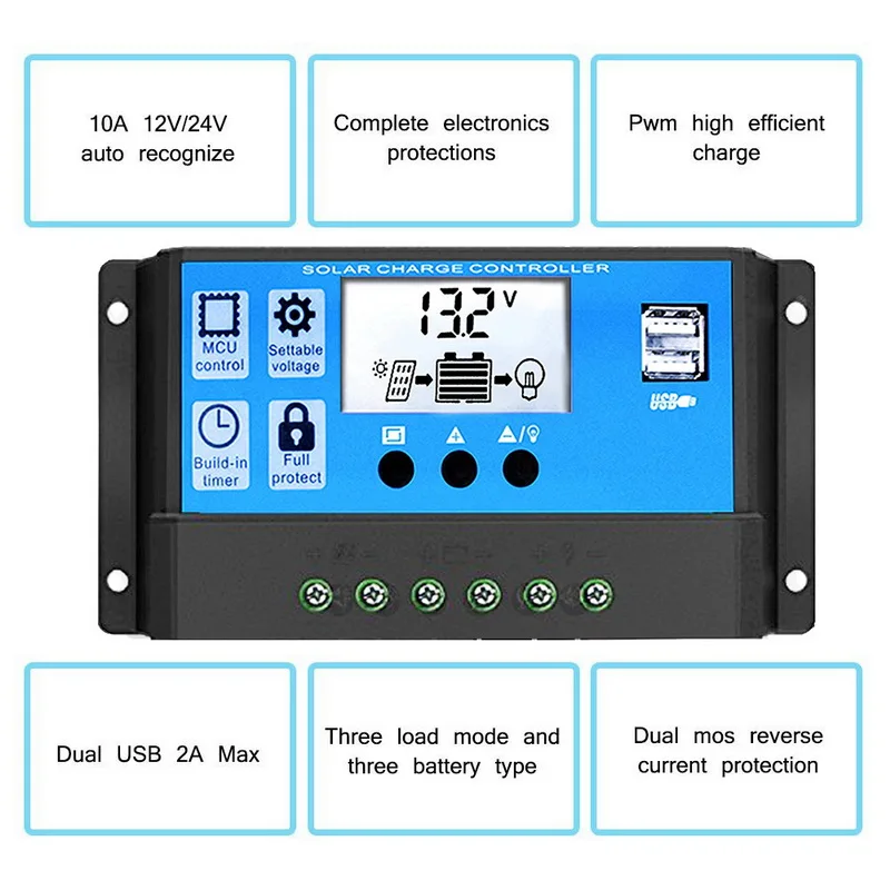 Solar Charge Controller 12V/24V 10/20/30A Auto PWM 5V Panel Battery With Dual USB LCD Display | Обустройство дома