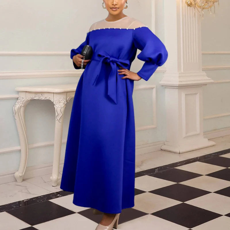 

A Line Dresses for Women Puffy Sleeve Beads Stitching See Through with Sashes Fall Winter Vintage Elegant Party Evening Dress