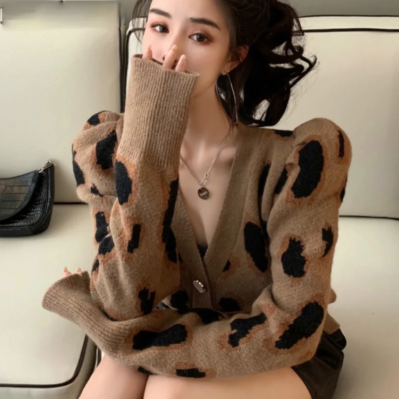 

leopardo do vintage casaco de malha cardigan causal puff manga longa camisola com decote em v nova mulher malhas jaqueta