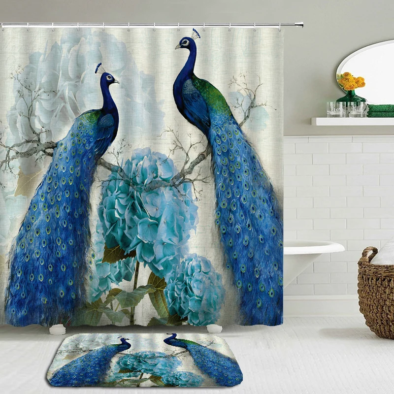 

China Birds Flowers Bathroom Curtains Set Mat With Non-slip Floor Mat Waterproof Polyester Cloth Shower Curtains