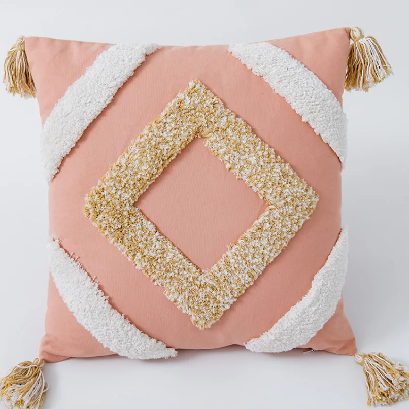 

Pink Square Rectangle Pillow Cover Nordic Cotton Cushion Cover Moroccan Tufted Tassel Pillowcase 45*45cm/30*50cm Home Decoration