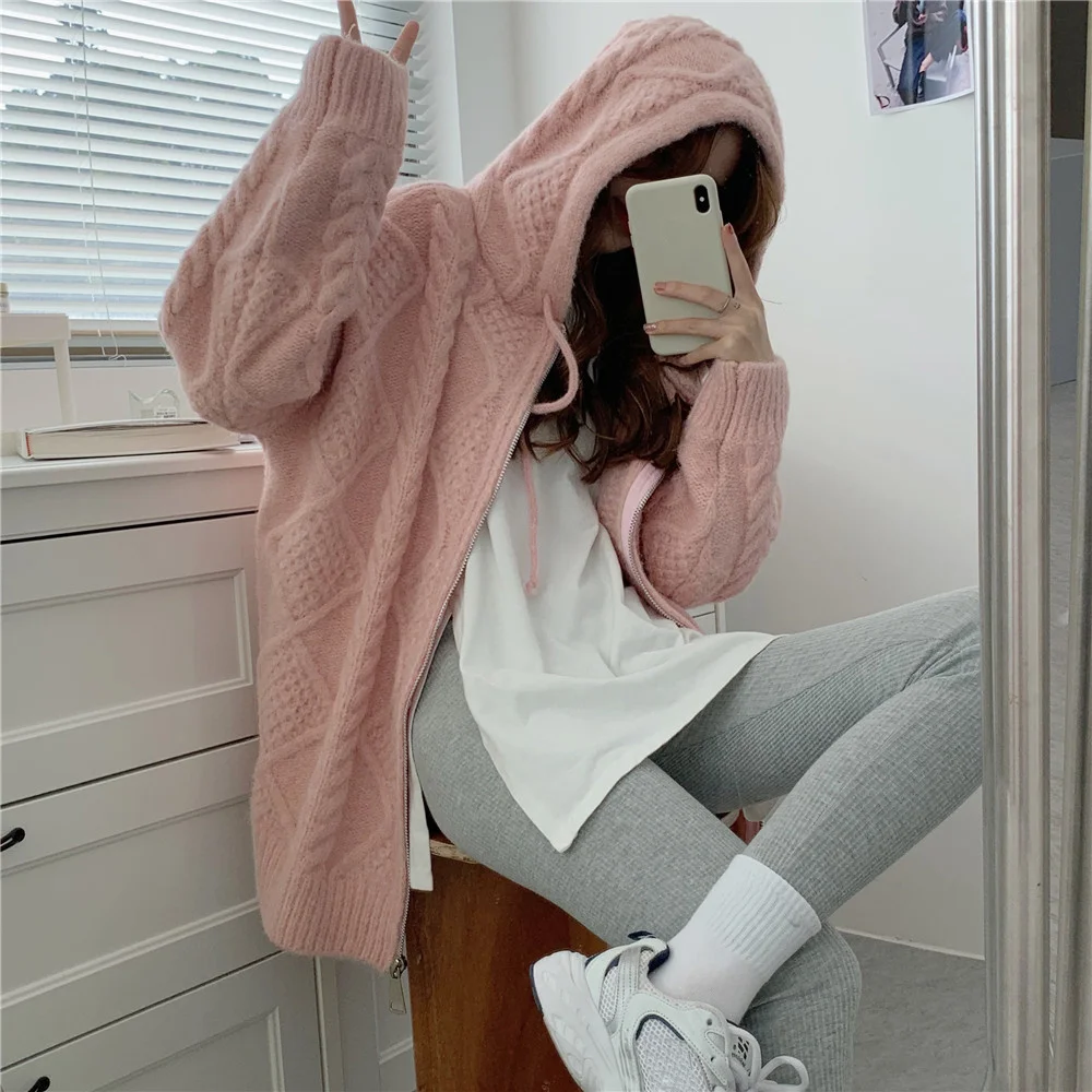 

Heavy Industry Thickened Warm Hooded Twist Sweater Autumn Winter Long Sleeve Sweater Loose Zipper Jacket Women