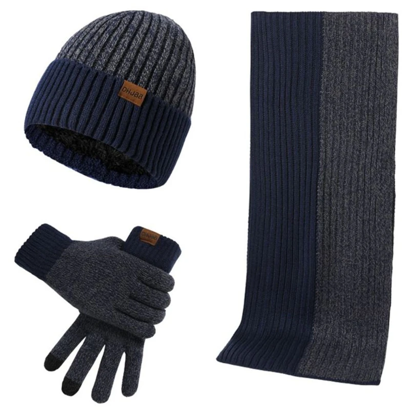 

3 Pcs/set Unisex New Double-sided Color Matching Scarf Autumn Winter Fashion Men Women Simple Thickening Hat Gloves Set