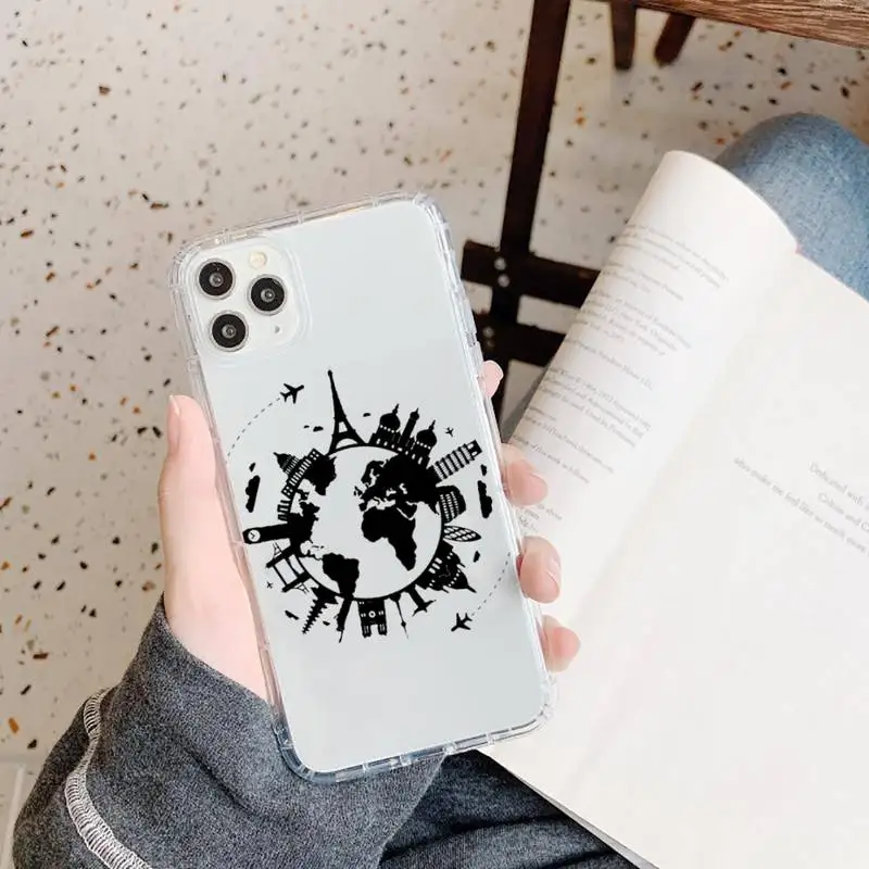 

World map travl airplane pattern Phone Case Transparent for iPhone 11 12 mini pro XS MAX 8 7 6 6S Plus X 5S SE 2020 XR