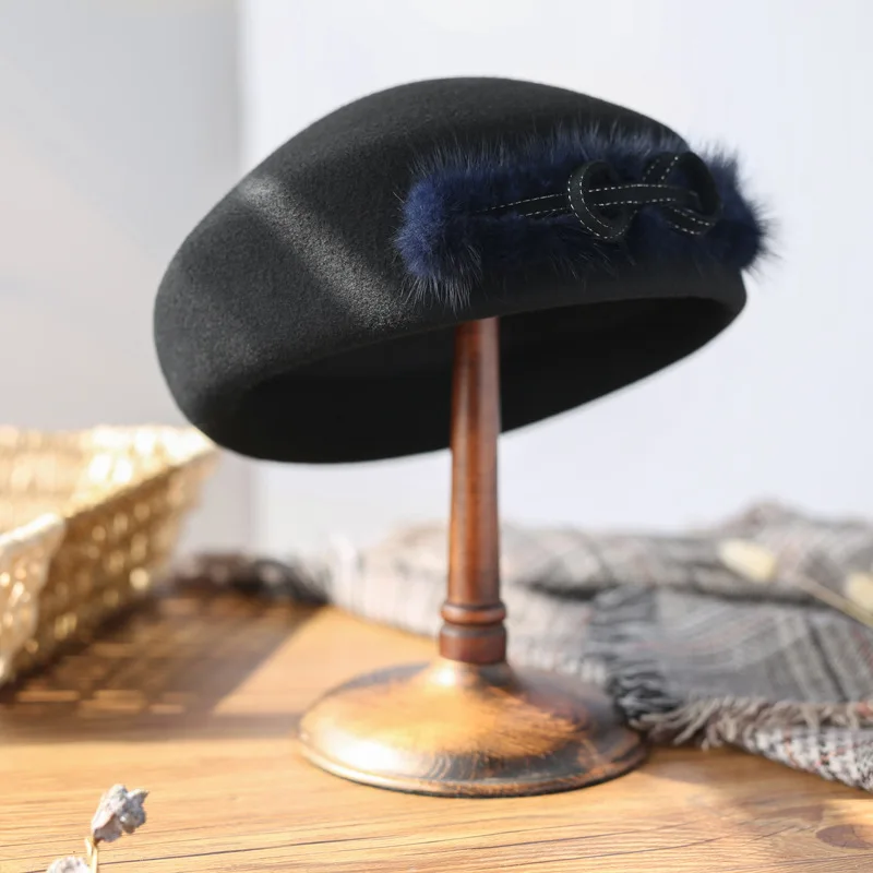 

Vintage Black Wool Felt Cloche Hat With Bowknot Up Turn Brim Bowler Winter Fedoras Ladies Asymmetric Beret Cap