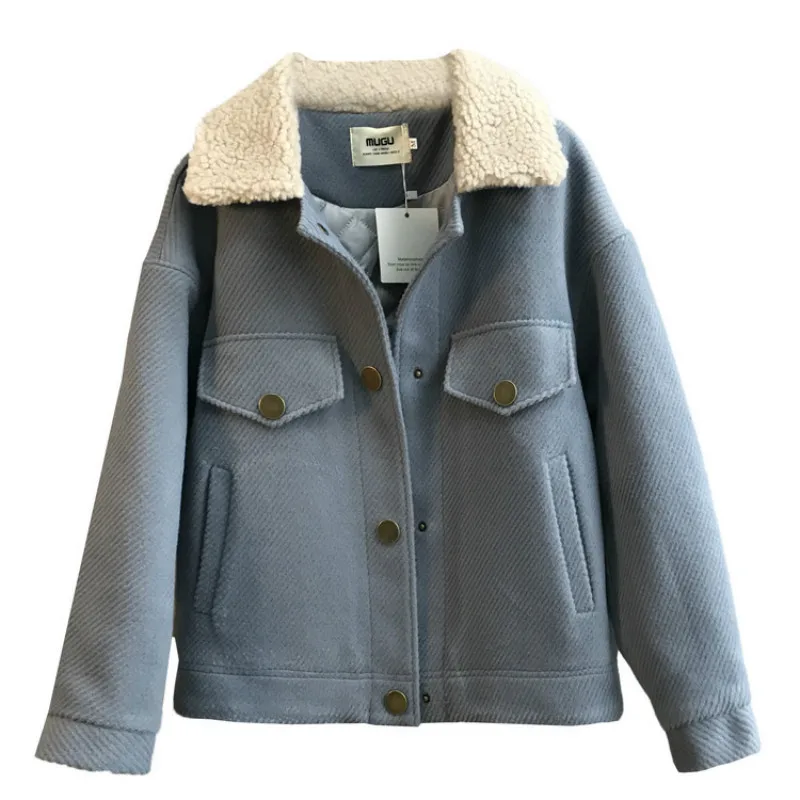 

Women's Jacket Woollen Cloth Straight Lapel Thick Solid Color Loose Lambs Long Sleeve Jacket Urban Casual Cotton Spring 2021