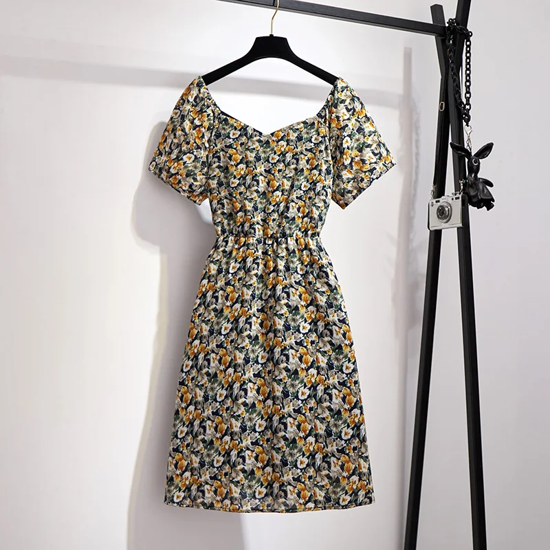 

Женское винтажное платье с коротким рукавом, Шифоновая туника до середины икры с цветочным принтом, Повседневная Туника, лето 2021