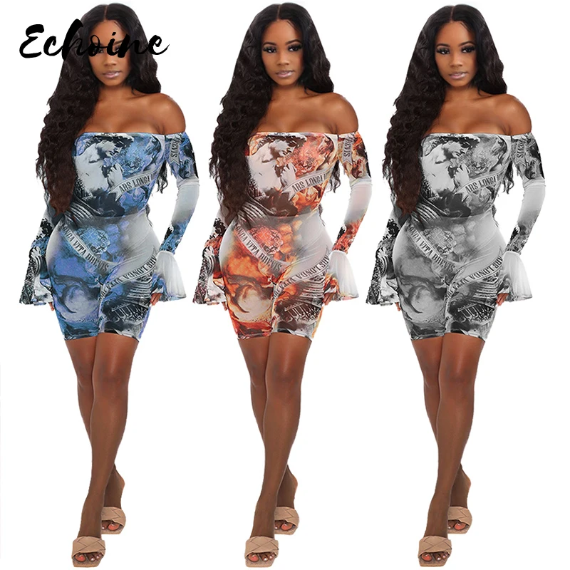 

Sexy Vintage Print Women Off Shoulder Mesh See Though Bodycon Overalls Fitness Rompers Night Club Party Jumpsuits Playsuit S-2XL