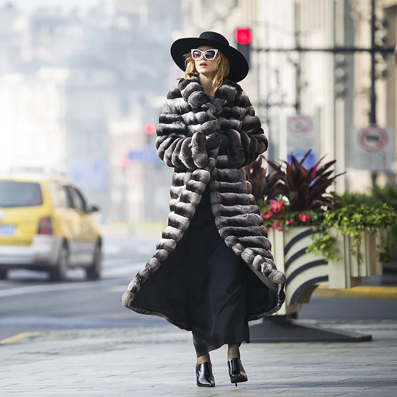 FURSARCAR 2021 New Luxurious Winter Women's Jacket Natural Real Rex Rabbit Fur Coat with Collar Fashion 120cm Long Outwear