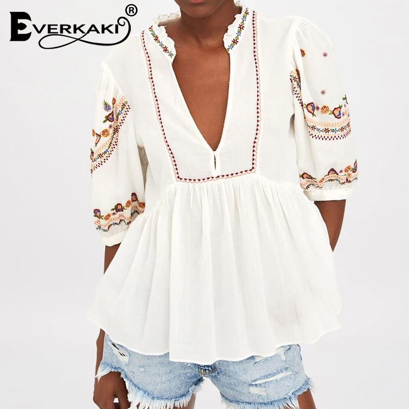 Everkaki Boho вышитые Хлопковые женские рубашки, футболки, топы, однотонные белые женские блузки с коротким рукавом, рубашки, женские топы Осень новинка