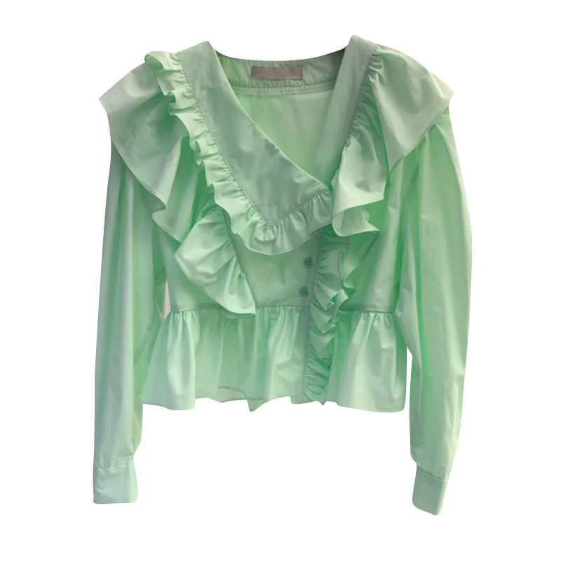 Chemisier court à manches longues pour femmes, nouvelle mode, col en v, volants irréguliers, haut de Style coréen, printemps et été, 2021