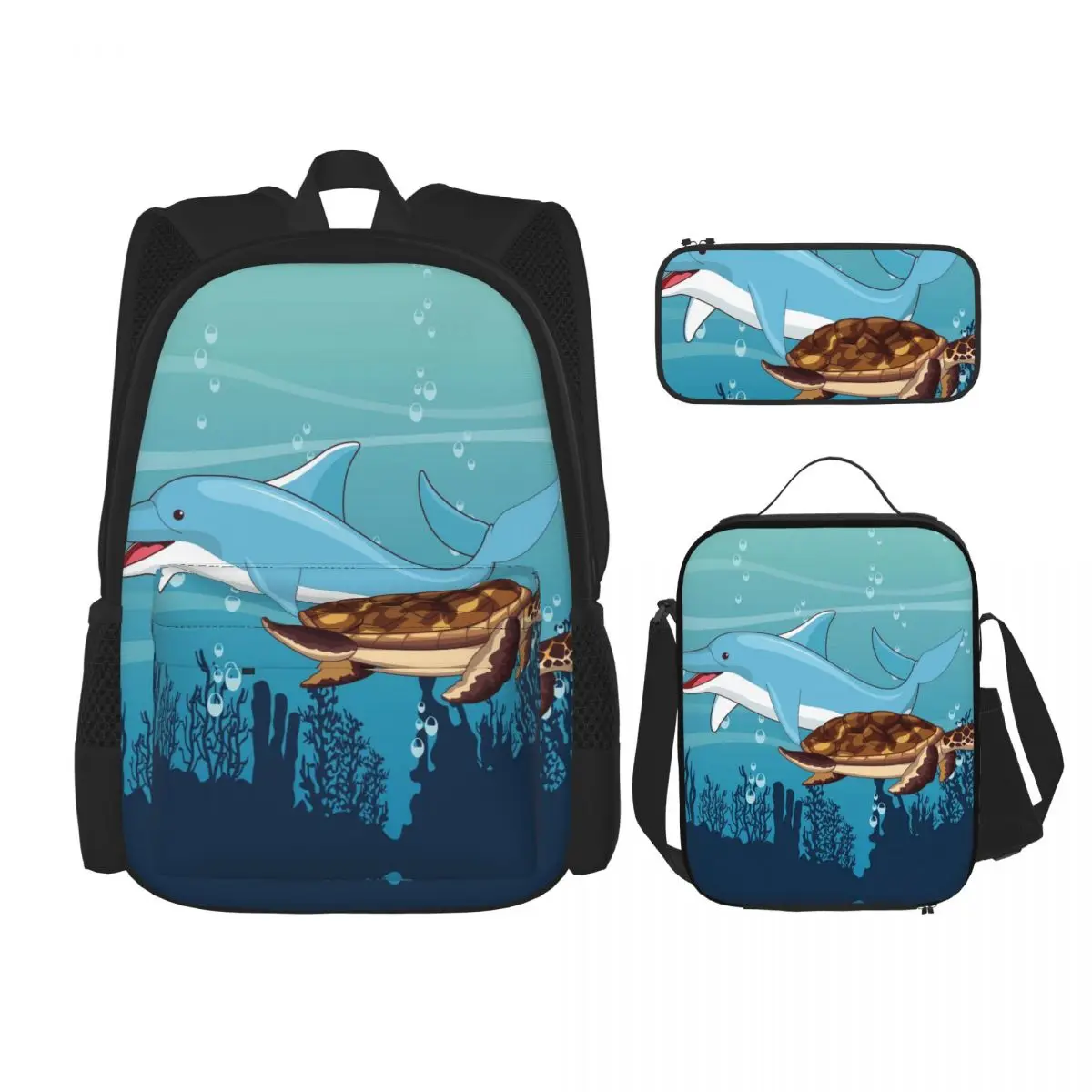 

School Bags for Teenagers Dolphin Turtle Swimming Together School Backpack Set Rucksack Bagpack Kids Cute Book Bags