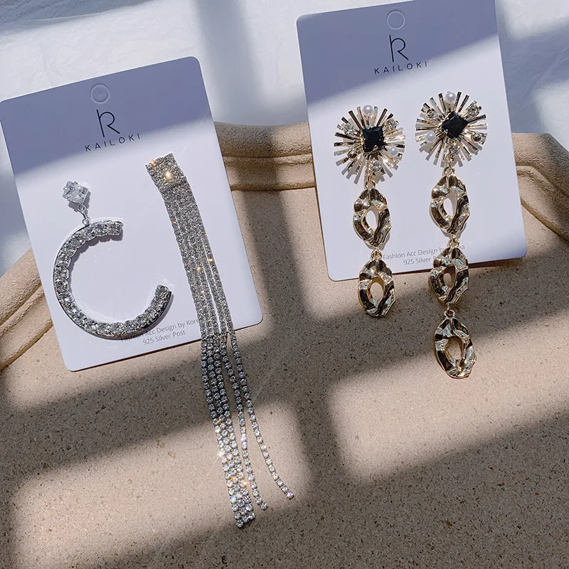 S925 серьги стерлинговые корейские rhinrstone хрустальные Эффектные асимметричные