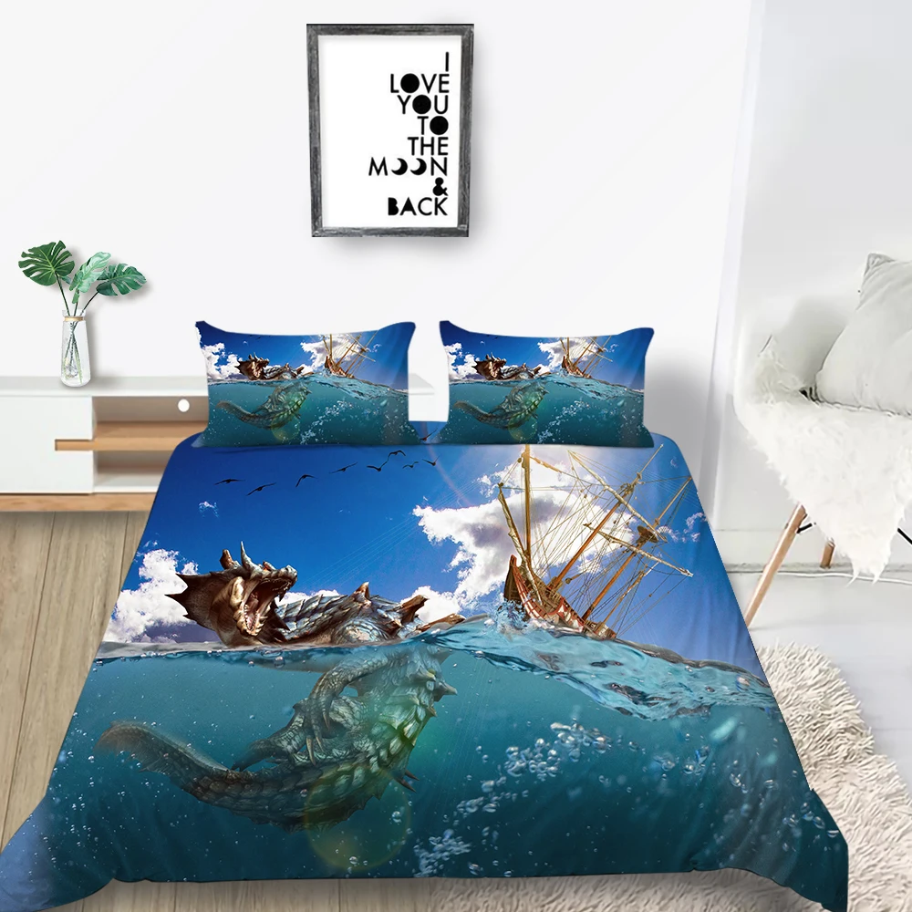 Комплект постельного белья Sea Dragon модный крутой с 3D изображением кораблей