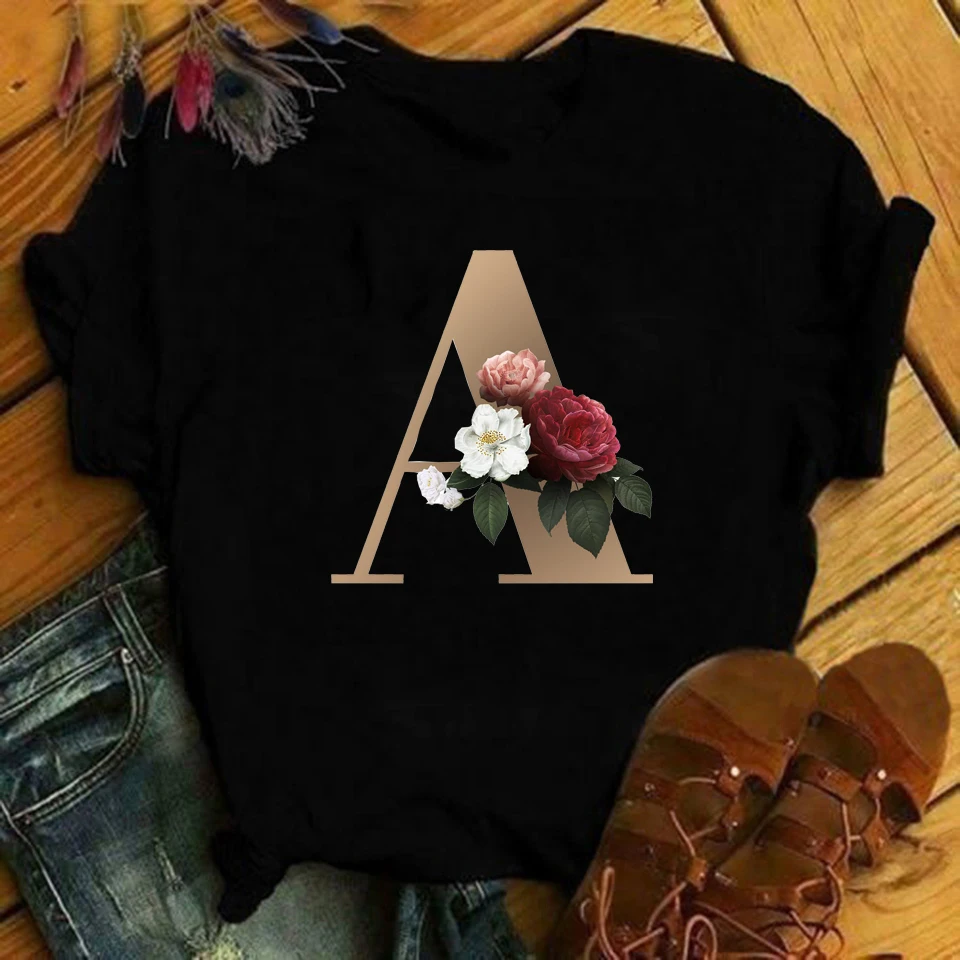 

WOMEN T SHIRTS TOPS Custom Name Letter Combination Women's T-shirt Tshirt Flower Letter Font A B C D E F G BLACK TEES T-shirt