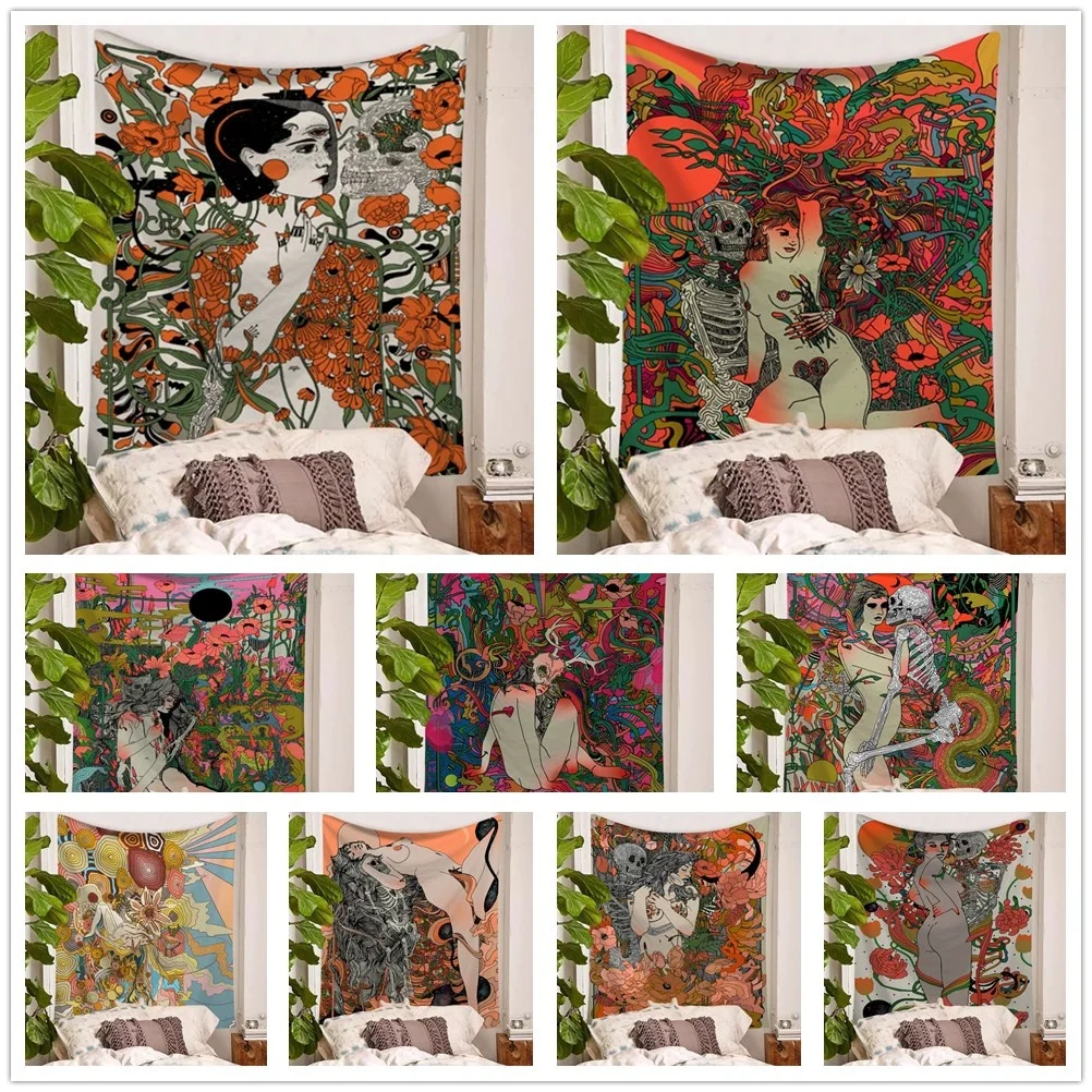 

Girl Skeleton Artwork Wall Hanging Abstract Tapestry Gothic Hippie Naked Death Skull Red Roses Fantasy Wall Tapestries