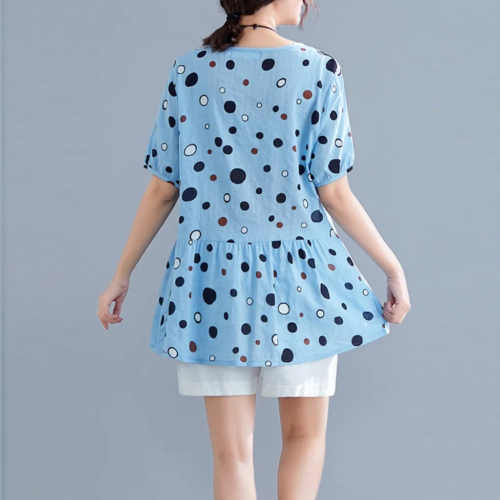 Women's Cute Polka Dot Printing O-Neck Short Sleeve Blouse Summer Shirt New Woman Slim Fit Tight Retro Tops | Мать и ребенок