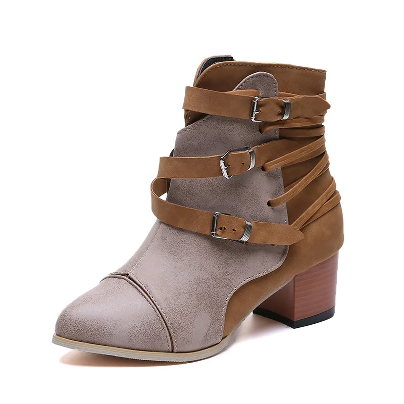 Модные новые женские ботинки Короткие однотонные Винтажные с пряжкой и круглым