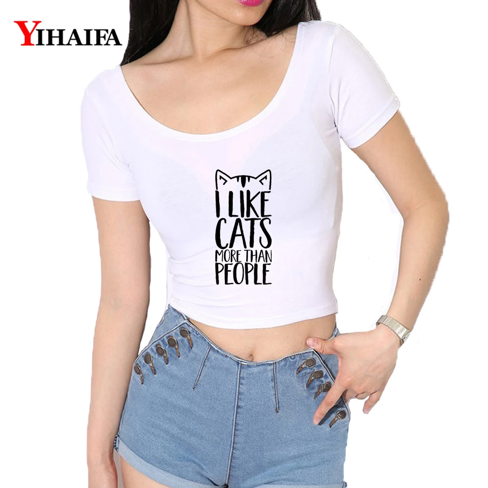 Женский укороченный топ YIHAIFA футболка с принтом кота и буквами u-образным вырезом