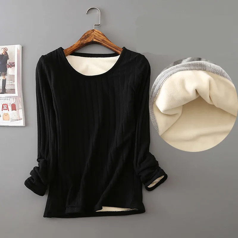 2020 Winter Warm T Shirt Thick Fleece Thermal Underwear Long Sleeve Stripe Cotton Tee Shirt Super Soft T-Shirt O neck Top Shirt