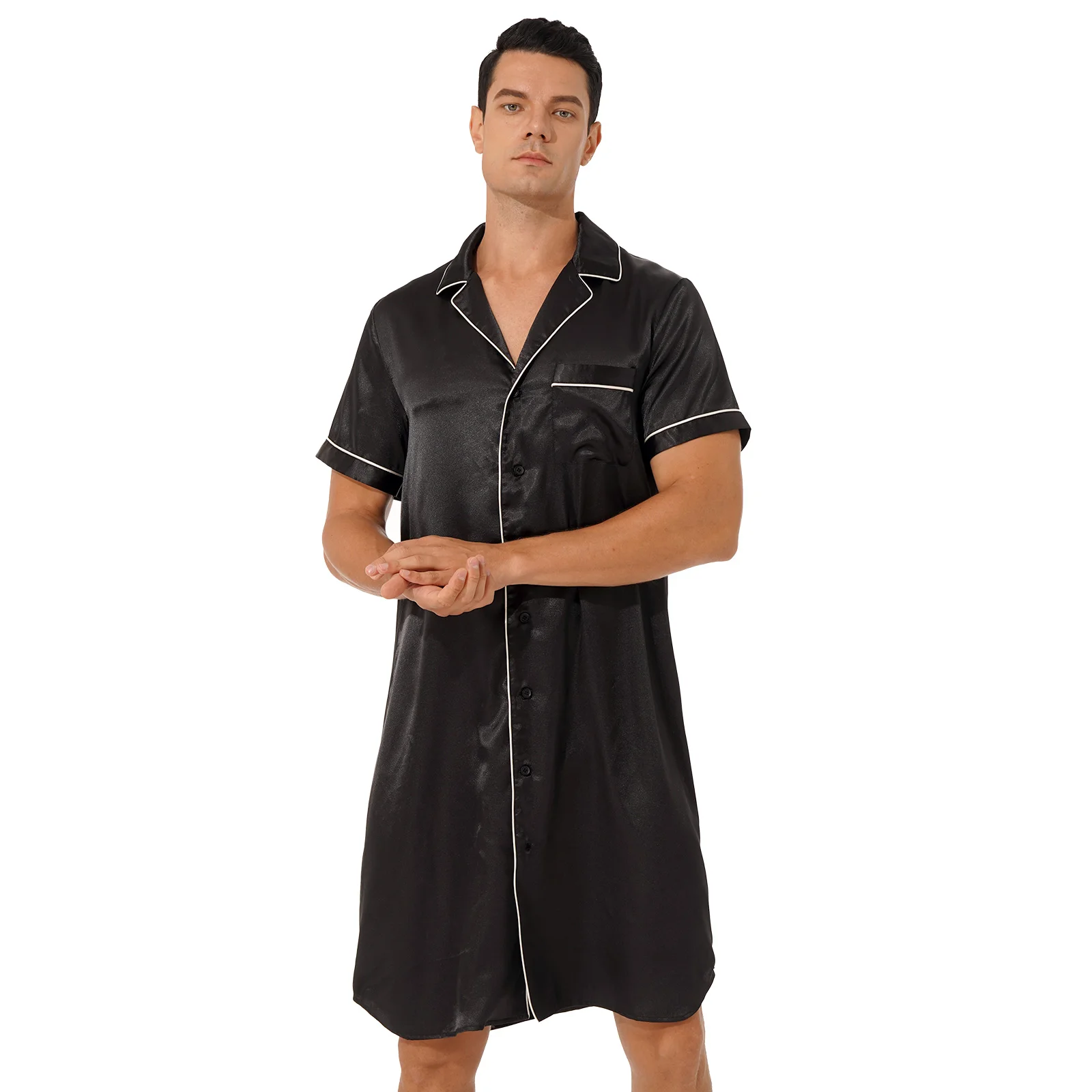 

Men Notched Collar Satin Casual Short Sleeve Button Down Nightshirt Pajamas Shirt Curved Hem Sleepwear Loungewear Nightwear