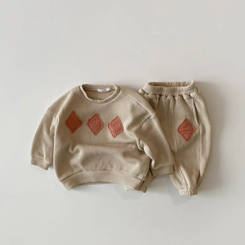 

Spring Autumn Baby Clothes Set Casual Waffle Hoodies And Pants 2 Pcs Hoodie Suits Korean Style Children Suit 2575