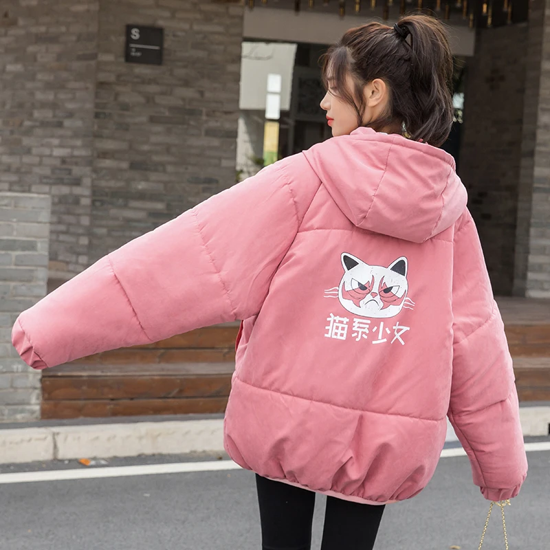 

Зимняя куртка для женщин парное хлопковое пальто модное утепленное Свободное пальто с принтом кошек и собак с когтями теплая парка с капюшо...