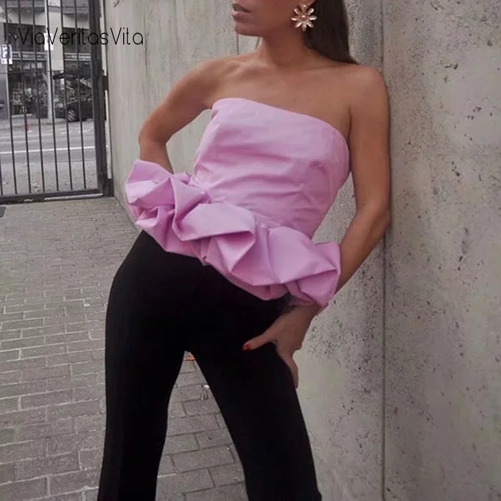 Розовые милые топы без рукавов Женские Летние Стильные zoravicky с оборками уличная