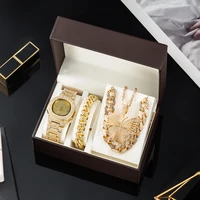 luxury women watch set gold watches necklaces bracelet cuban chain butterfly rhinestones bling jewelry 4pcs sets gifts for women