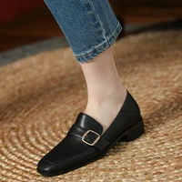 real leather women pumps fashion metal buckle square toe spring autumn shoes for woman thick heels office lady daily footwear