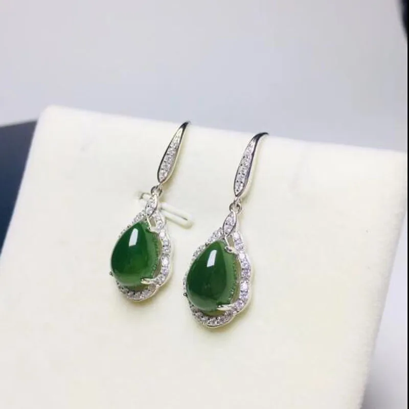 Женские серьги подвески из серебра 925 пробы с зеленым нефритом|Серьги-подвески| |