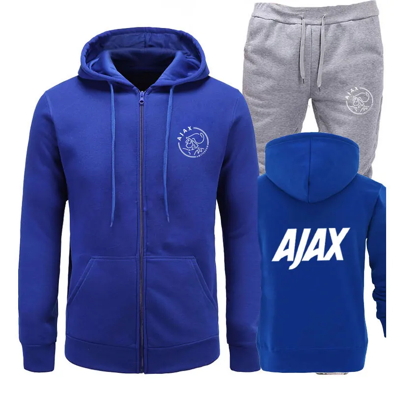 Новинка, спортивный костюм, модные AJAX мужские спортивные толстовки, комплекты из двух предметов, хлопковая флисовая плотная толстовка с капюшоном+ штаны, спортивный костюм для мужчин - Цвет: Gray blue