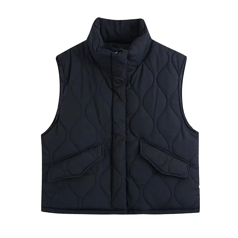 

Женский укороченный жилет без рукавов Za, черная Толстая куртка-парка с высоким воротником и карманами на молнии, элегантная верхняя одежда, ...