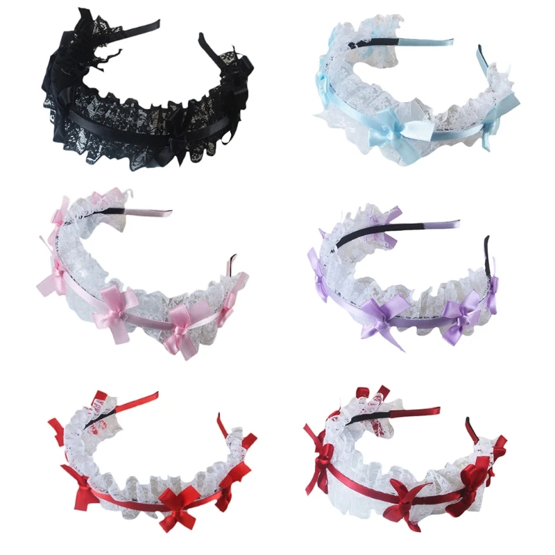 

Girls Ruffles Lace Hair Hoop with Ribbon Bow Headdress Cute Maid Headpiece Kawaii Anime Gothic Cosplay Headband