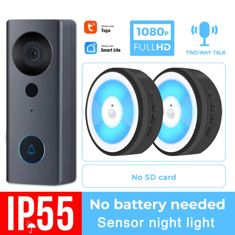

1080P Tuya Беспроводной WI-FI Высокое разрешение визуальный интеллигентая (ый) Ночной светильник движения PIR дверной звонок Камера голос домофонн...
