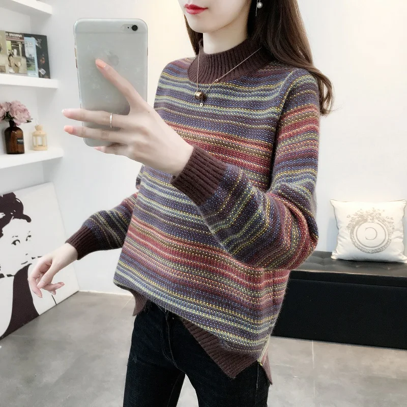 

sweater women's Retro stripe loose outer wear autumn and winter new 2020 knitted backing, foreign style inner cover