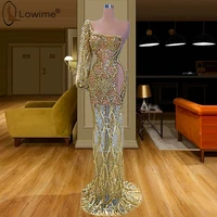 sexy see through one shoulder long sleeve evening dresses illusion cut out luxury beading mermaid evening gowns