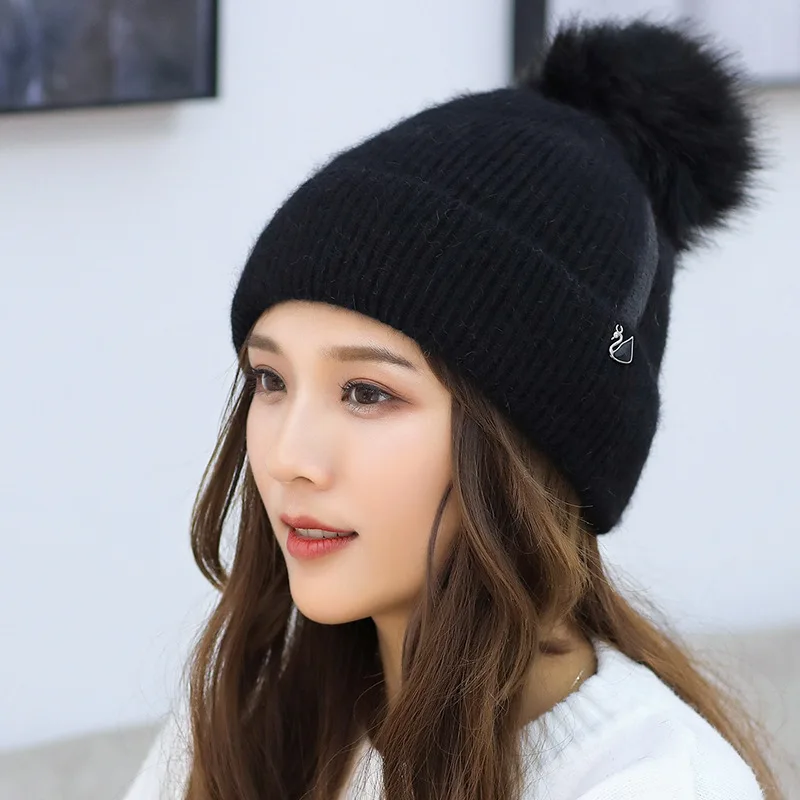

Winter Thickening Rabbit's Hair Knitting Hats Ma'am Solid Color Patch Swan Earmuffs Wool Hats
