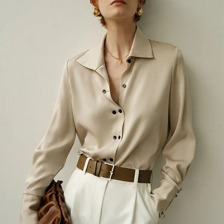 

Vintage Slim Tops Double Breasted Blouse Office High Street Office Lady Blouse Shirts Female 2021 Spring Autumn New