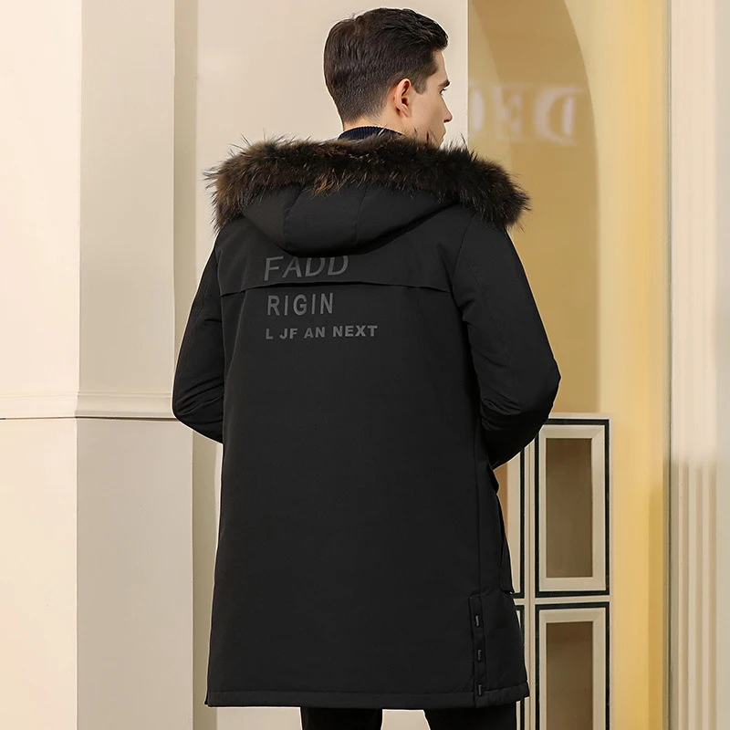 Мужской зимний пуховик с капюшоном средней длины на белом утином пуху | Мужская