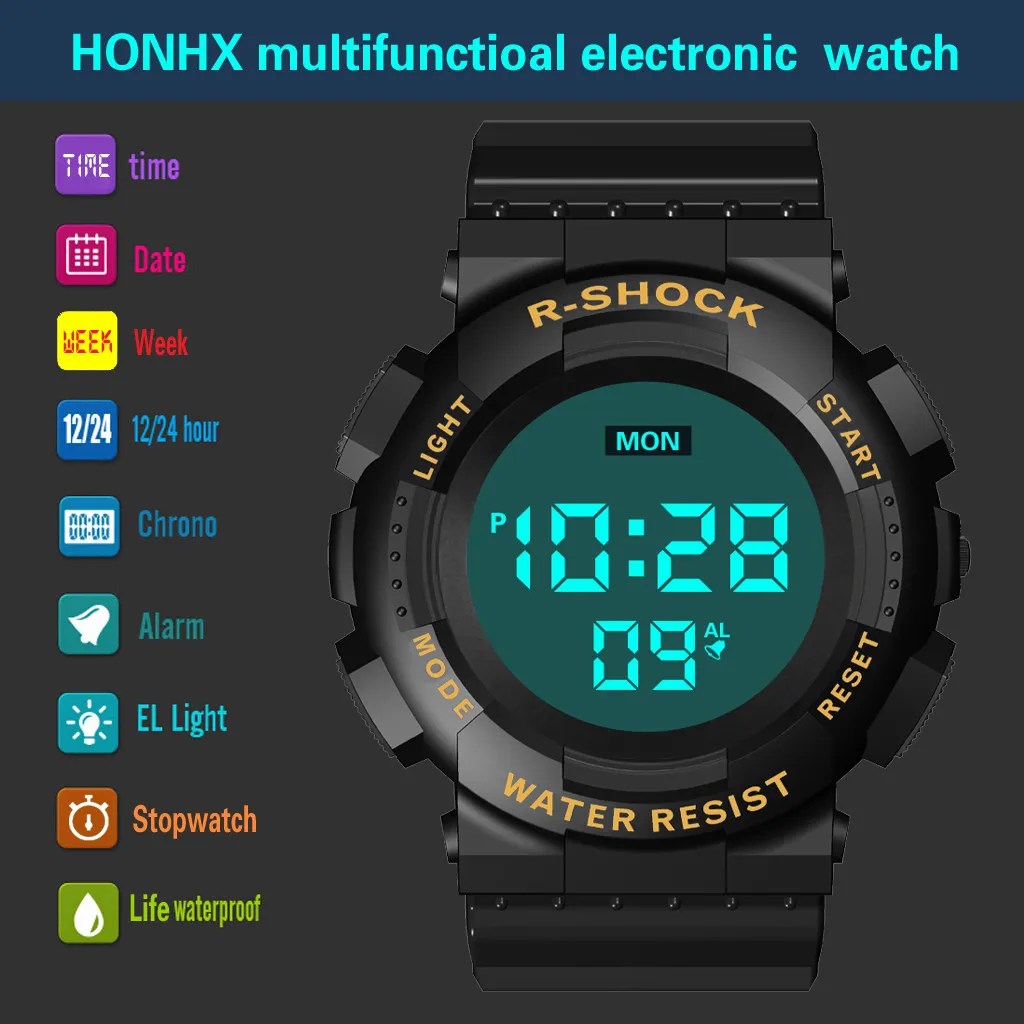 Honhx роскошный, электронные часы с датой, браслет, спортивные часы для мужчин, модные, для мужчин, для улицы, цифровые часы, светодиодный, водонепроницаемые, белые, relogio