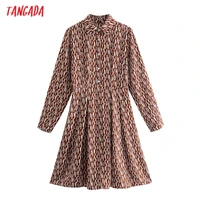 tangada 2021 fashion women retro print shirt dress vintage long sleeve office ladies knee dress 8y156