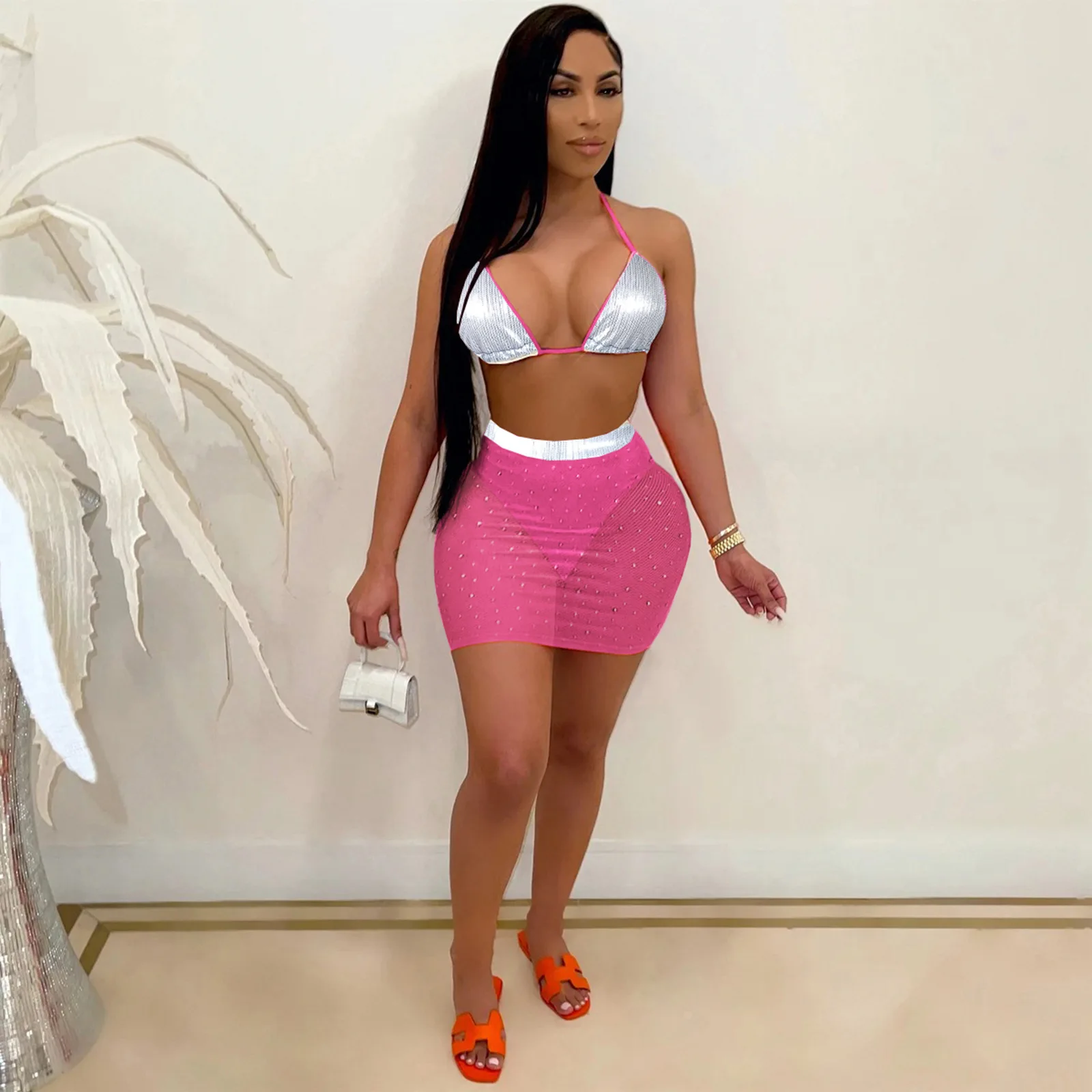 

Bandage Set Women Halter Neck Slim Fit Bra Top and Mesh Sequin Mini Skirt Birthday Beach Party Outfit 2021 Summer Outfit 2 Piece